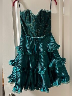 Betsey Johnson Teal Satin Evening Gown with Lace Edge